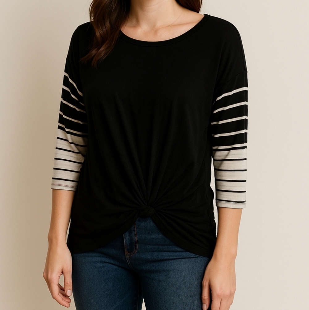 3/4 Striped Women's Black And White Top With Tie Knot Front